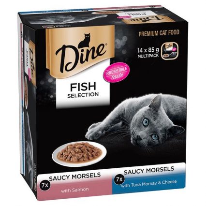 Top set page 4 Dine Fish Selection Saucy Morsels Salmon And Tuna Mornay Cheese Wet Cat Food 3 X 14 X 85g