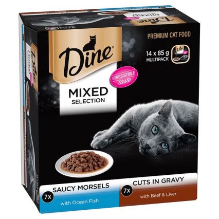 Homepage 2 Dine Mixed Selection Saucy Morsels Ocean Fish And Cuts In Gravy Beef Liver Wet Cat Food 3 X 14 X 85g