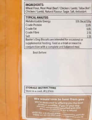 Baxters Dog Biscuits ingredients and analysis (Woolworths)