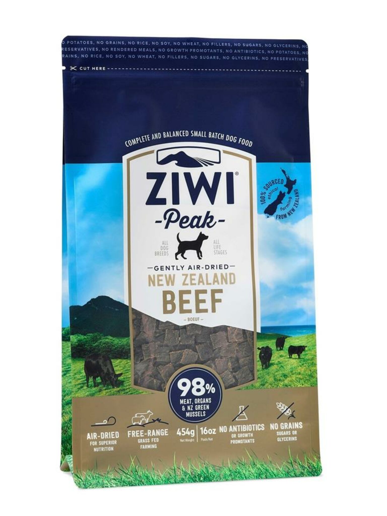 Ziwi Peak Air Dried Grain Free Dog Food 454g Pouch Free Range Beef