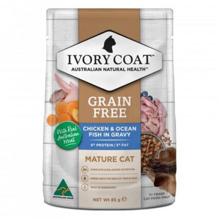 Ivory Coat Grain Free Mature Chicken & Ocean Fish In Gravy Wet Cat Food 85gm 12 Pouches